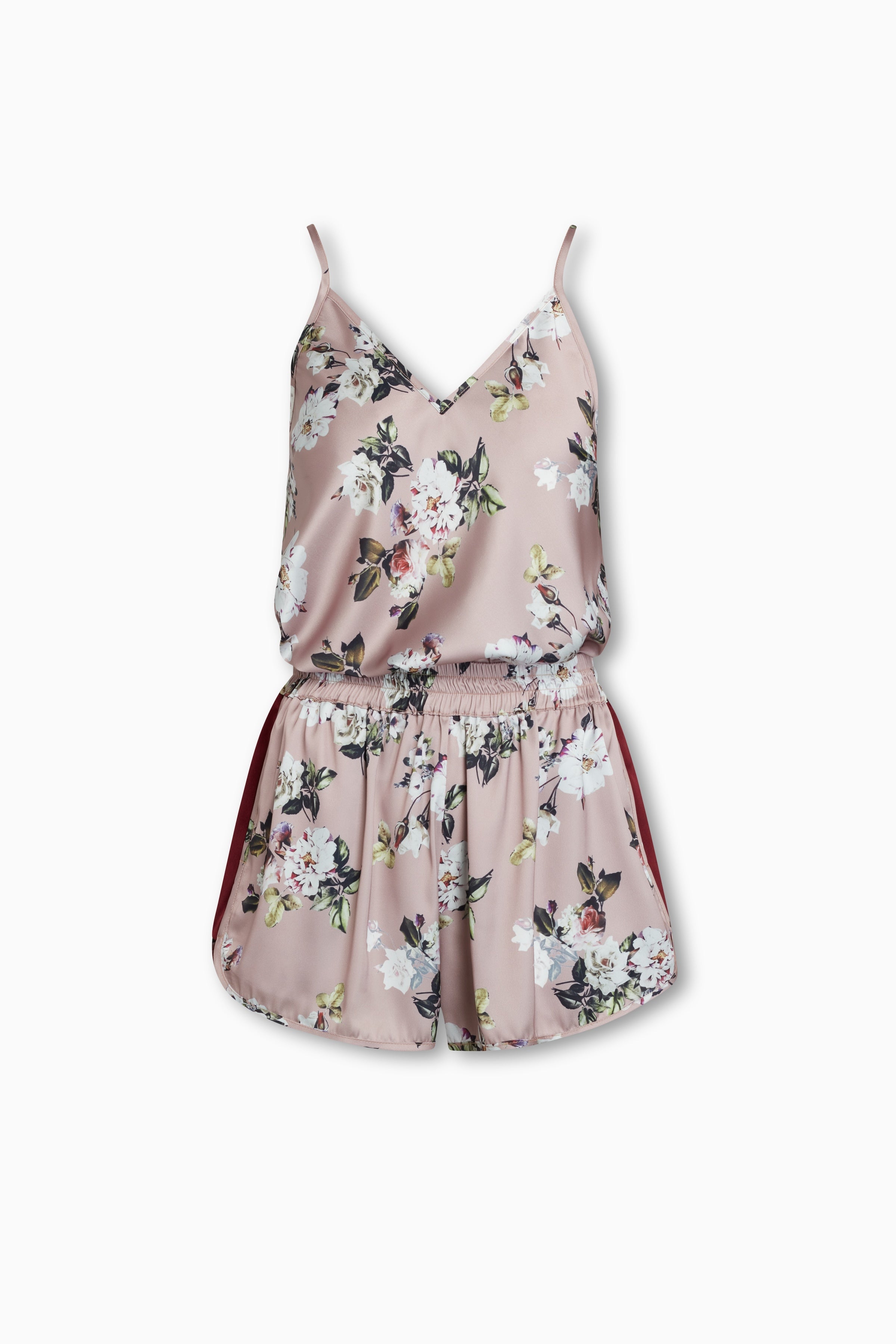 Vivi Shorts with Burgundy Contrast Panel and Side Pockets shown here with matching Jess Cami in Dusty Rose 100% Satin Poly