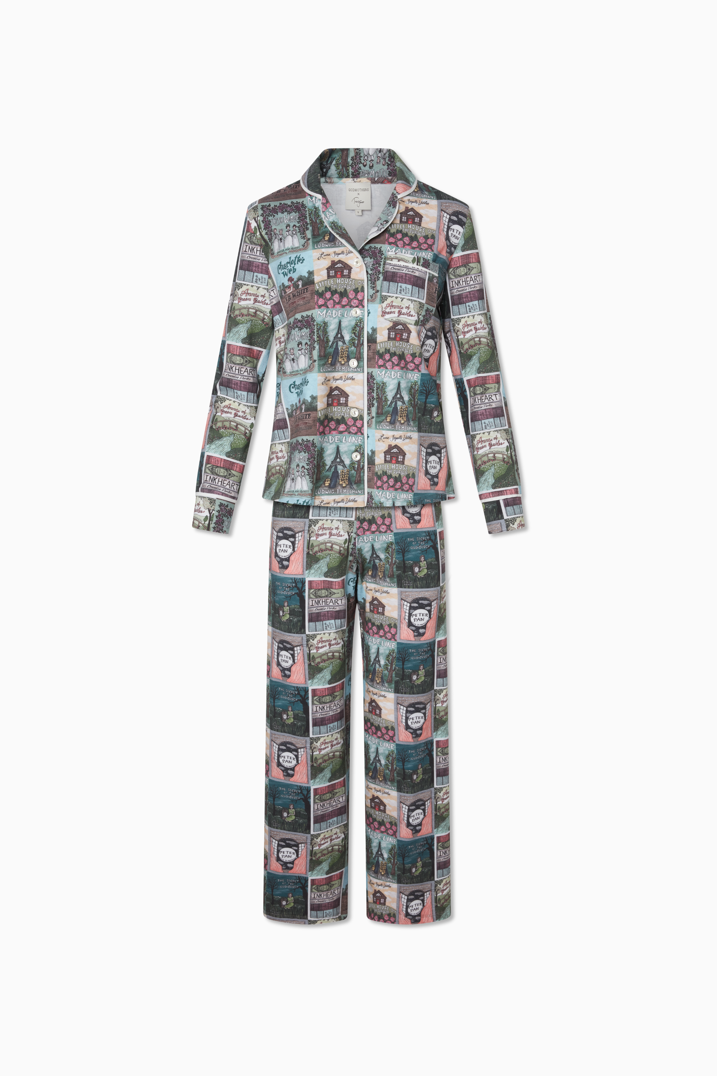 Bookworm Adult PJ Set Brushed Cotton Spandex with piping detail at collar, chest pocket and cuffs. Pearl buttons. Elastic pull-on waistband.