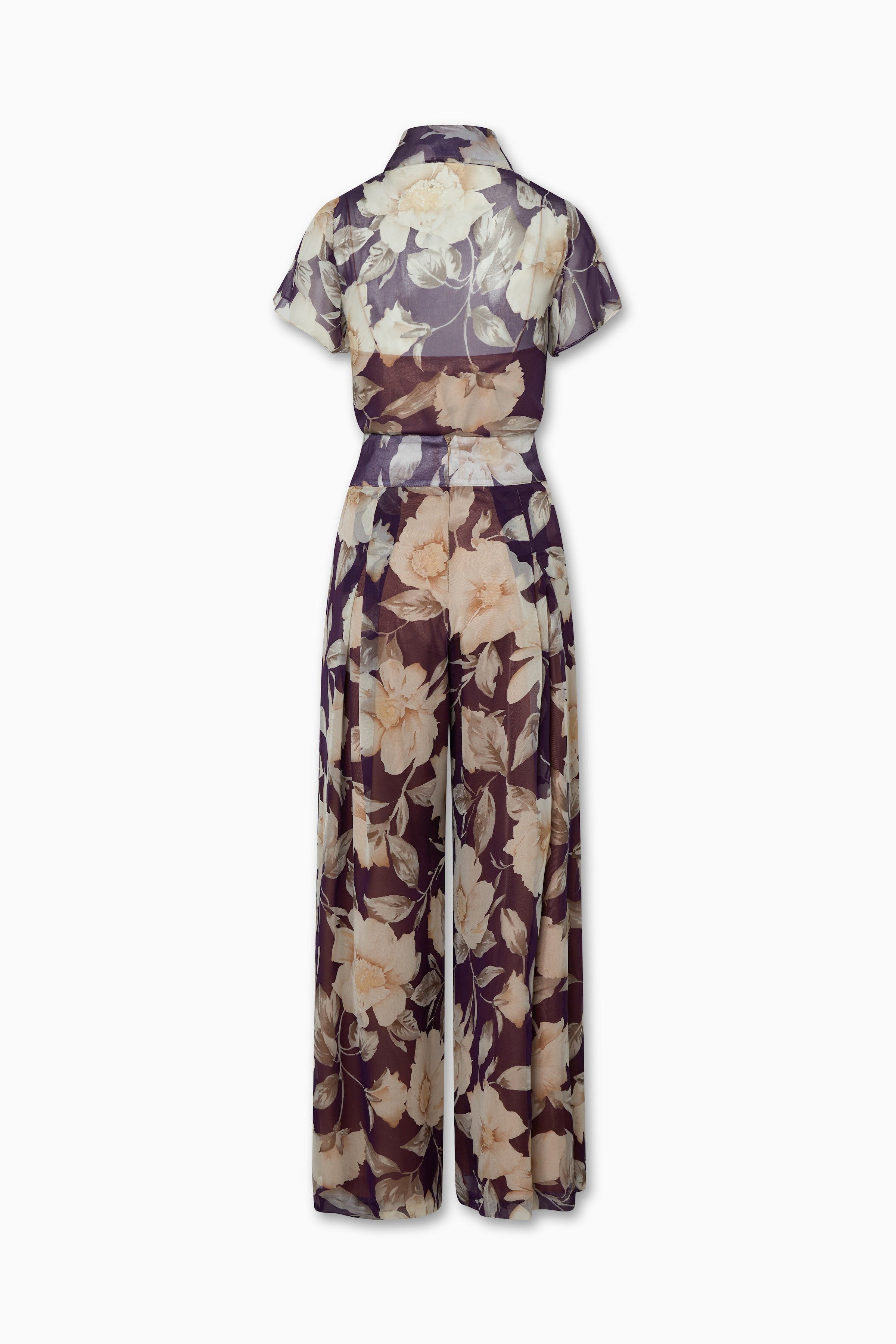 Maria Pants in Silk Chiffon Violet Floral Outer fully lined in Silk Charmeuse. Wide leg high waisted pants with back zip and side pockets. Shown here with matching Charlene Blouse.