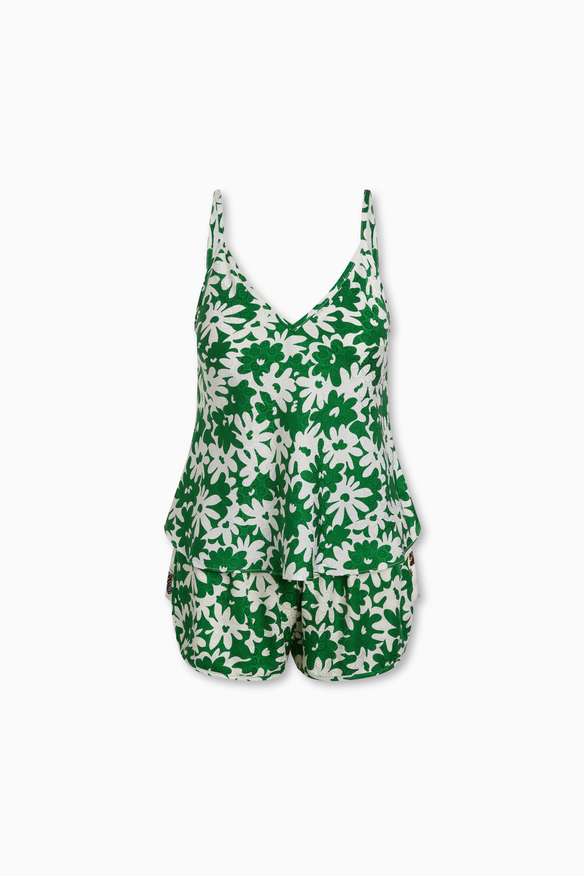 Vivi Shorts in Green Daisy Silk Crepe de Chine with Side Contrast in White Butterflies and side pockets shown here with matching Jess Cami