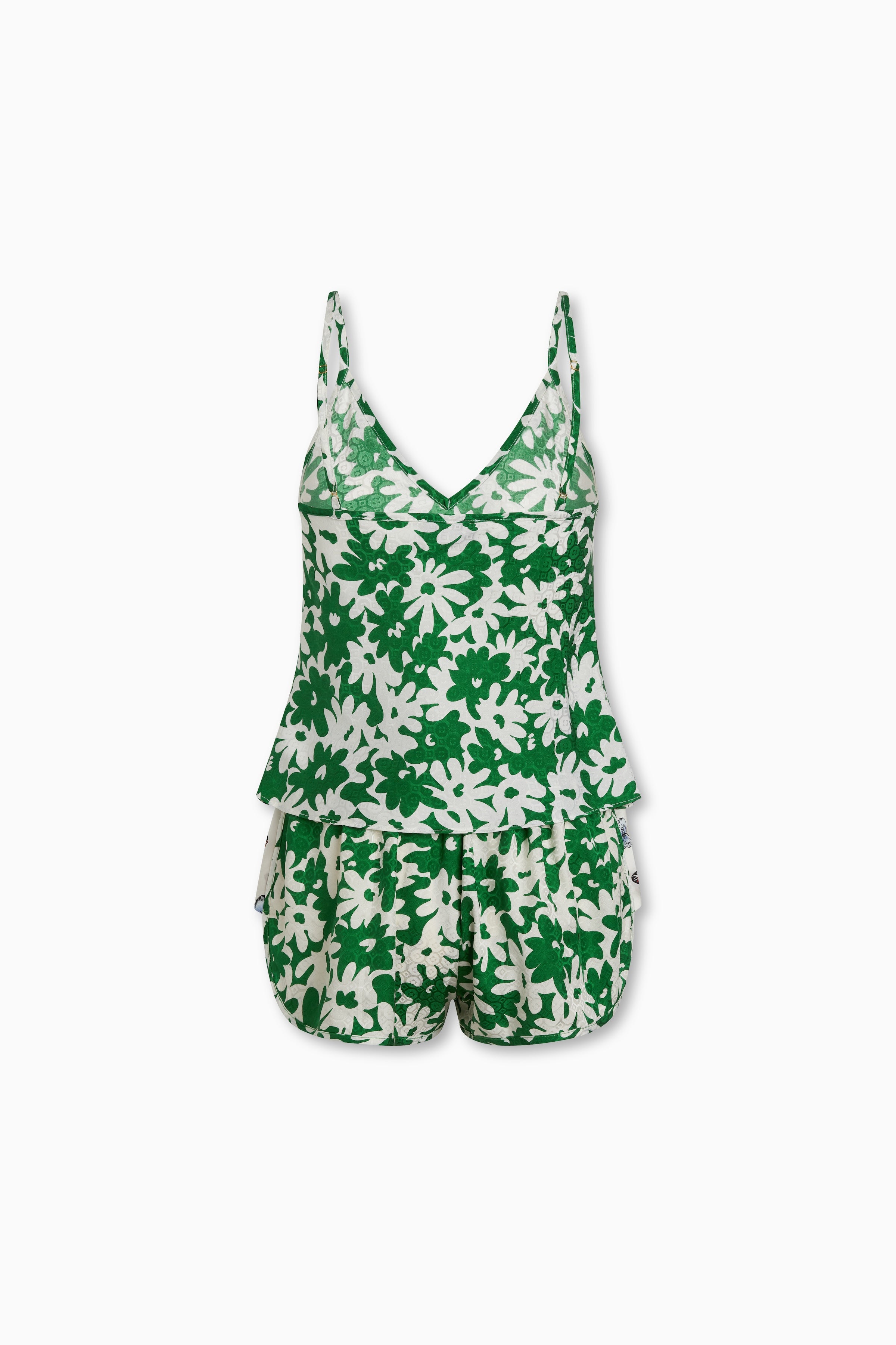 Vivi Shorts in Green Daisy Silk Crepe de Chine with Side Contrast in White Butterflies and side pockets shown here with matching Jess Cami