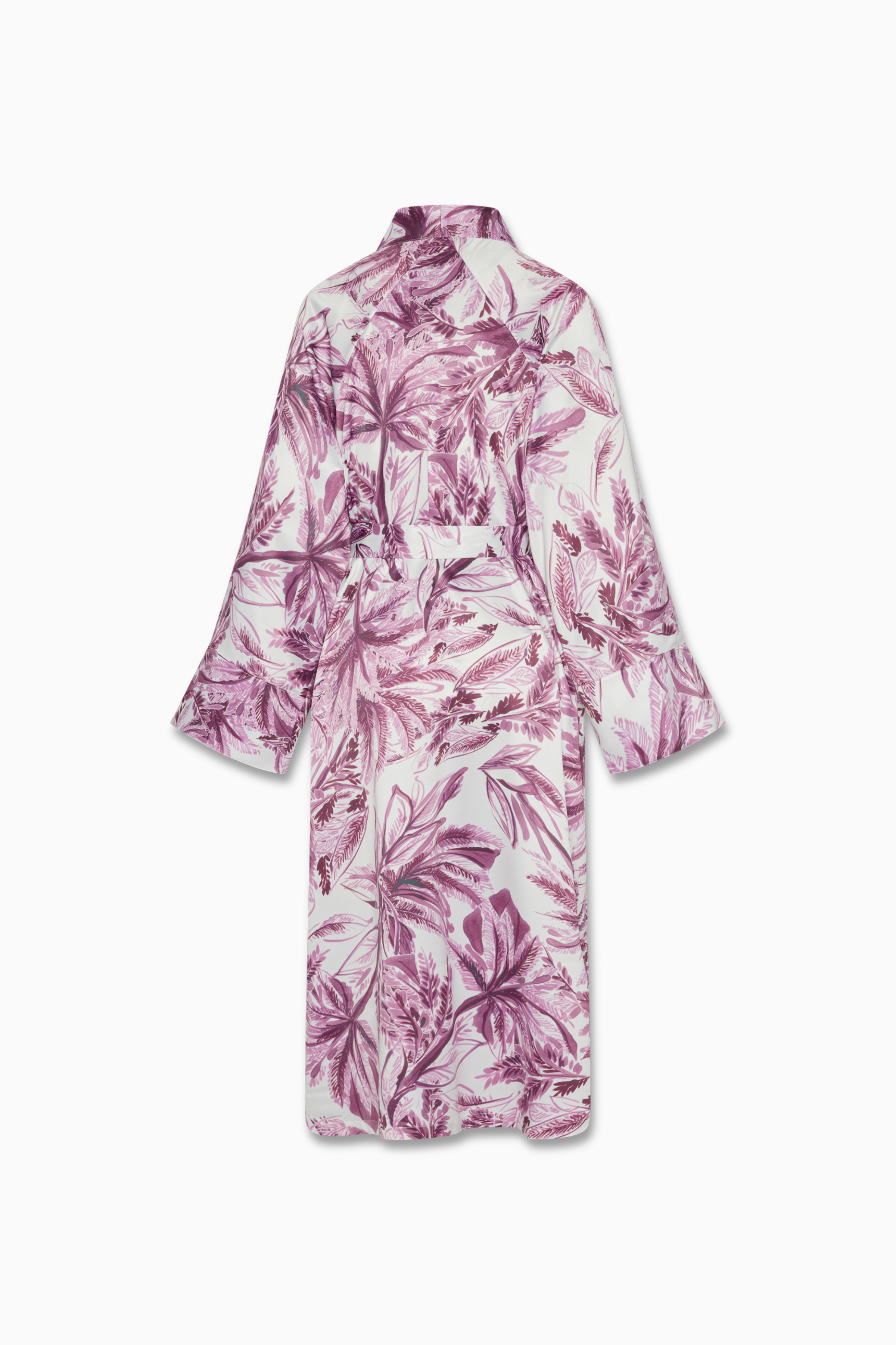 Jennifer Kimono Poly Silky Satin in custom Purple Palm Print. Removable Sash Belt. Welt Chest pocket for glasses.