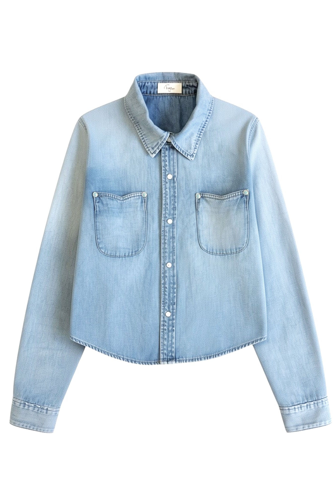 Sunday Denim Shirtigan in Light Blue with scalloped pockets snap buttons