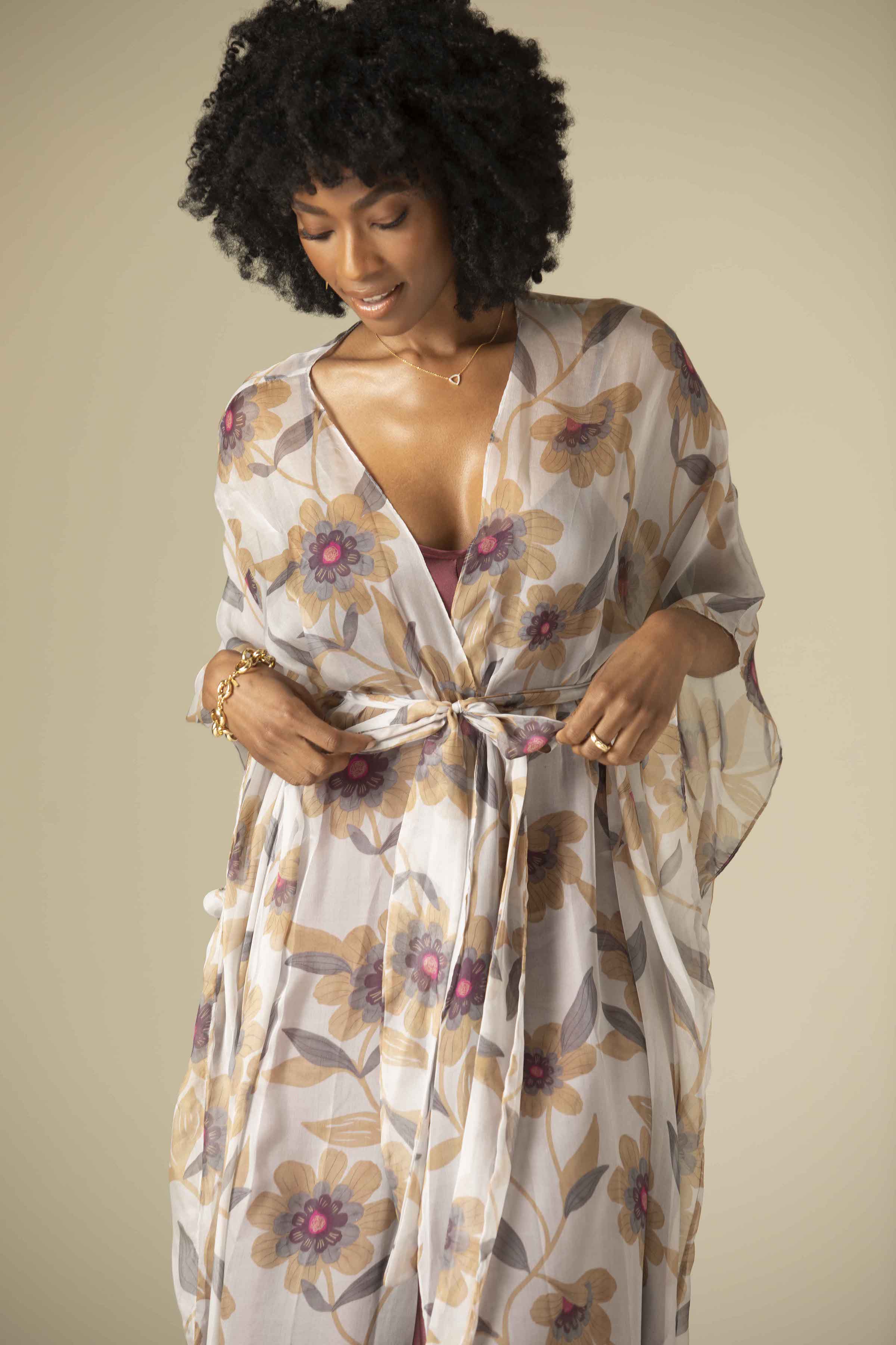 Rayni Duster with Belt in Desert Rose Silk Chiffon