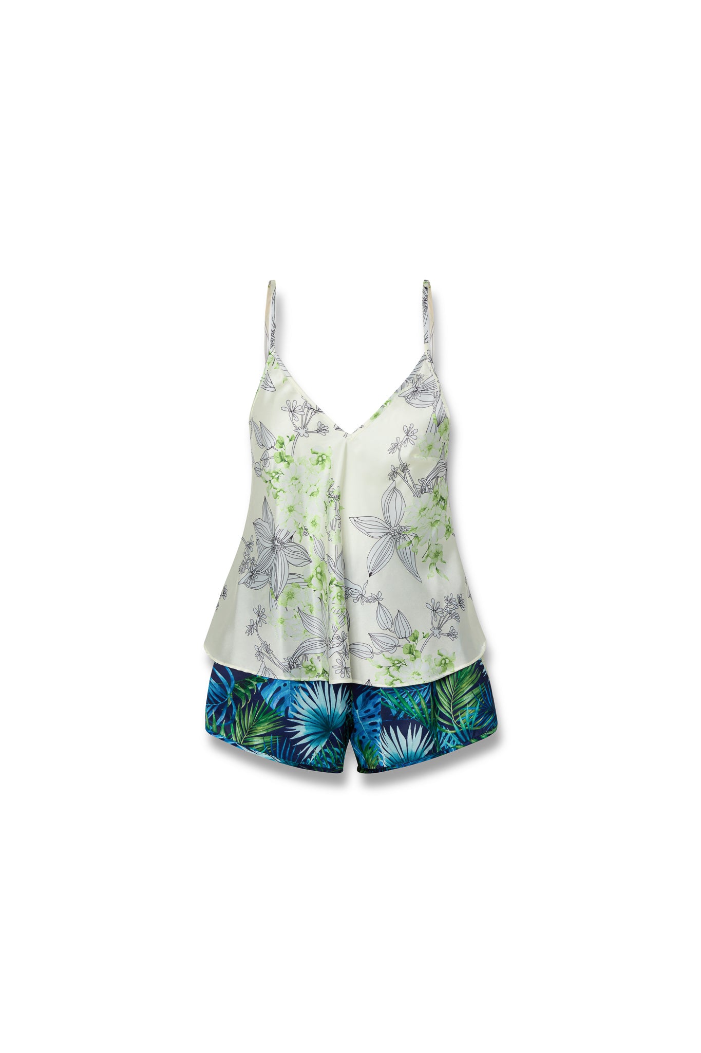 Vivi Shorts in Navy Palm and Jess Cami in Banana Lime
