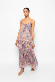 Athena Maxi Dress Grey Floral Silk Chiffon lined with Silk Charmeuse and trimmed with lace