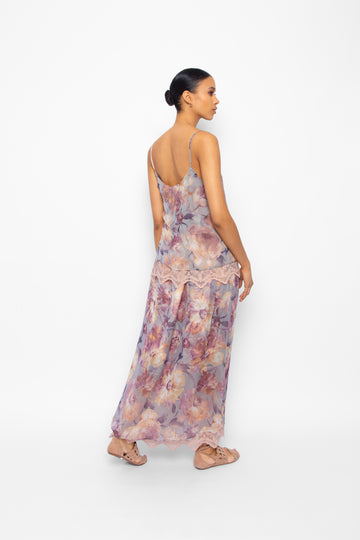 Athena Maxi Dress Grey Floral Silk Chiffon lined with Silk Charmeuse and trimmed with lace