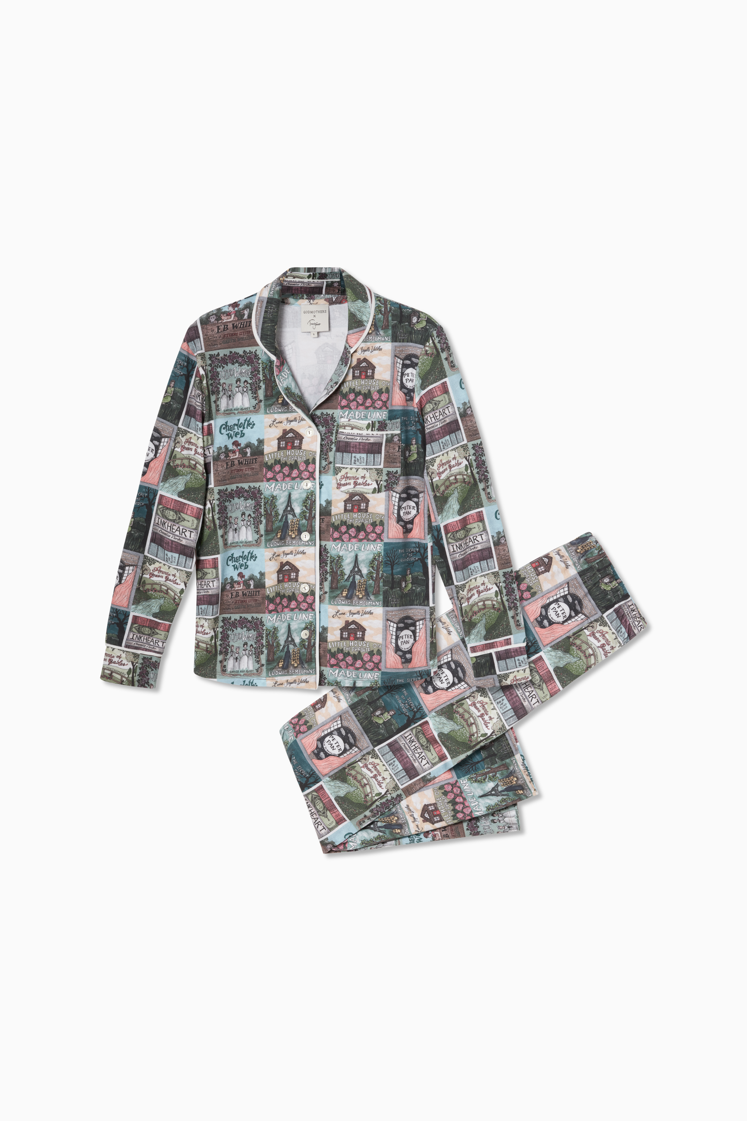 Folded flatlay image of Bookworm Adult PJ Set Brushed Cotton Spandex with piping detail at collar, chest pocket and cuffs. Pearl buttons. Elastic pull-on waistband.