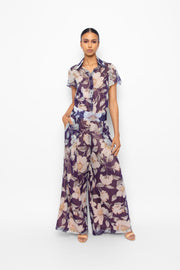 Maria Pants in Silk Chiffon Violet Floral Outer fully lined in Silk Charmeuse. Wide leg high waisted pants with back zip and side pockets. Shown here with matching Charlene Blouse.