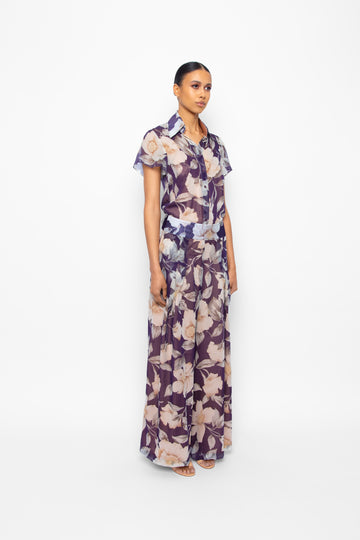 Maria Pants in Silk Chiffon Violet Floral Outer fully lined in Silk Charmeuse. Wide leg high waisted pants with back zip and side pockets. Shown here with matching Charlene Blouse.