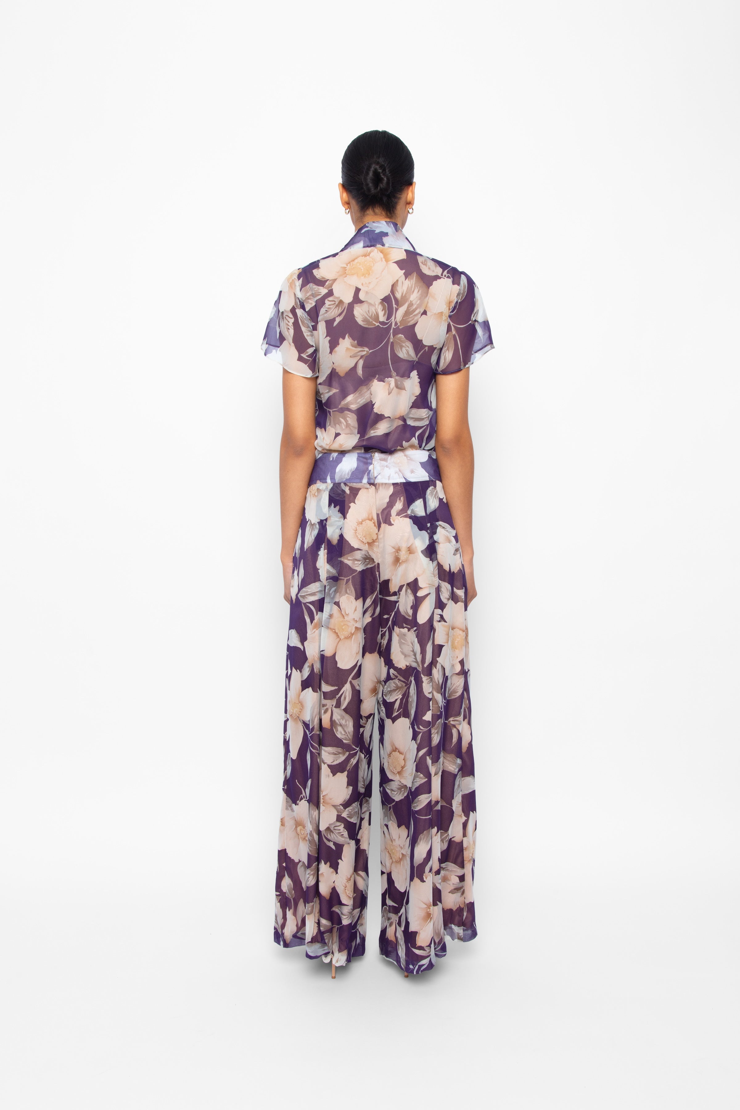 Maria Pants in Silk Chiffon Violet Floral Outer fully lined in Silk Charmeuse. Wide leg high waisted pants with back zip and side pockets. Shown here with matching Charlene Blouse.