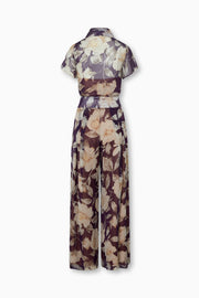 Charlene Violet Floral Silk Chiffon blouse with inner camisole in silk charmeuse. Shown with matching Maria Palazzo Pants.