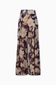 Maria Pants in Silk Chiffon Violet Floral Outer fully lined in Silk Charmeuse. Wide leg high waisted pants with back zip and side pockets.