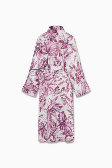 Jennifer Kimono Poly Silky Satin in custom Purple Palm Print. Removable Sash Belt. Welt Chest pocket for glasses.