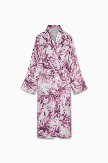 Jennifer Kimono Poly Silky Satin in custom Purple Palm Print. Removable Sash Belt. Welt Chest pocket for glasses.