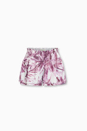 Angie Shorts In Purple Palm Doll Satin Shirred Waistband Pockets Double Hem