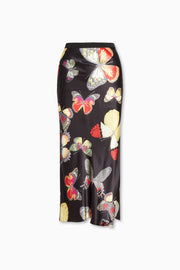 Tracy James Bias Cut Midi Silk Skirt in Black Butterflies