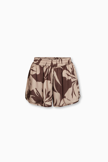 Vivi Pull On Shorts with Side Pockets in Brown Hibiscus 100% Satin Poly