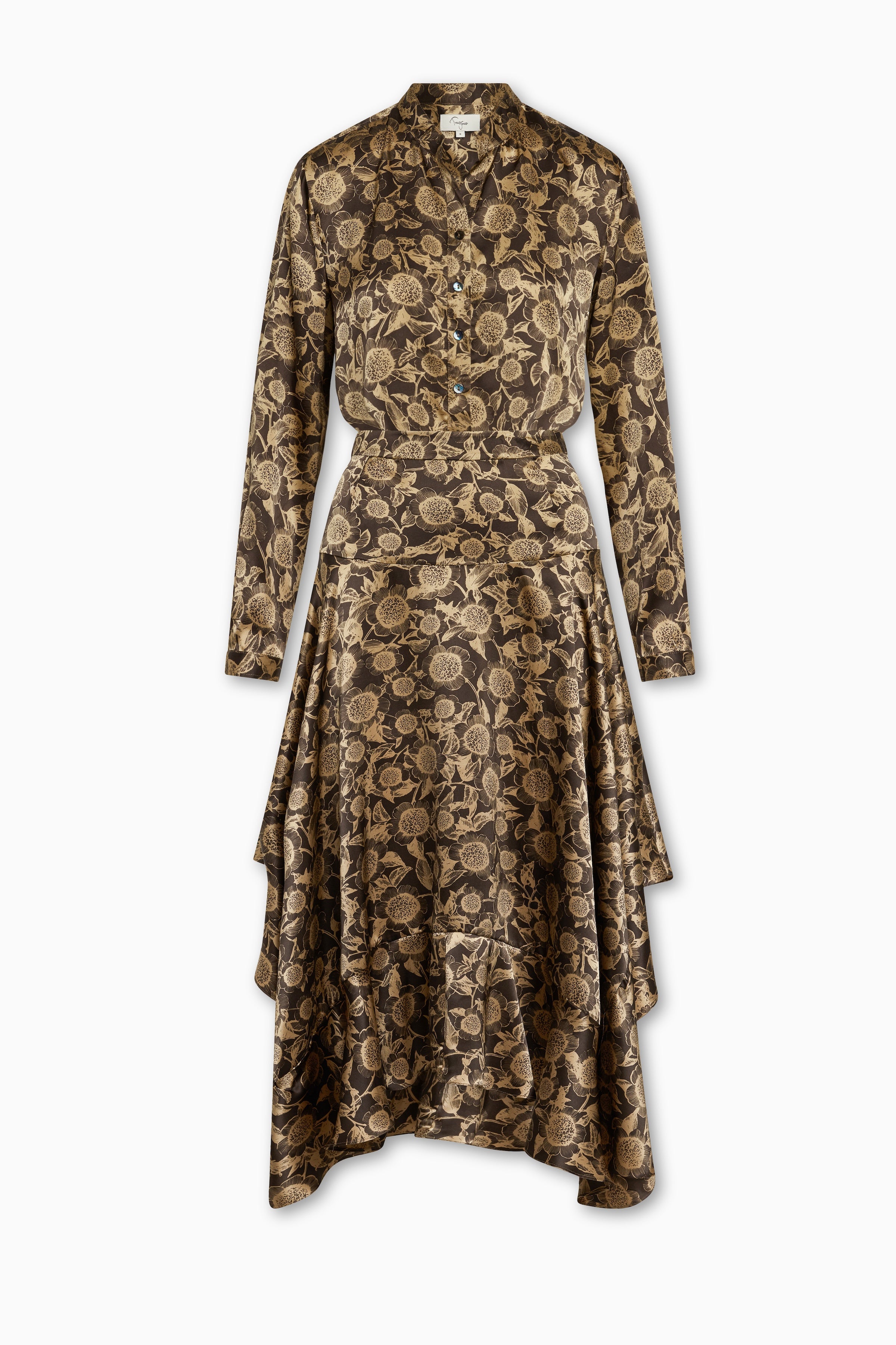 Jamie Silk Blouse with Mandarin Collar Silk Charmeuse in Black Pincushion Print shown with matching Ramsey Skirt Handkerchief Hem