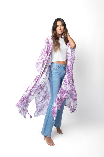 S4D151PRP Rayni Silk Chiffon Duster in Purple Palm One Size