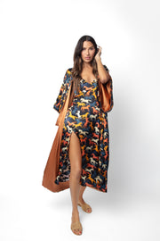 Tracy James Sally Reversible Kimono Wild Horses and Copper Silk Charmeuse One Size worn over matching Byrdie Slip Dress