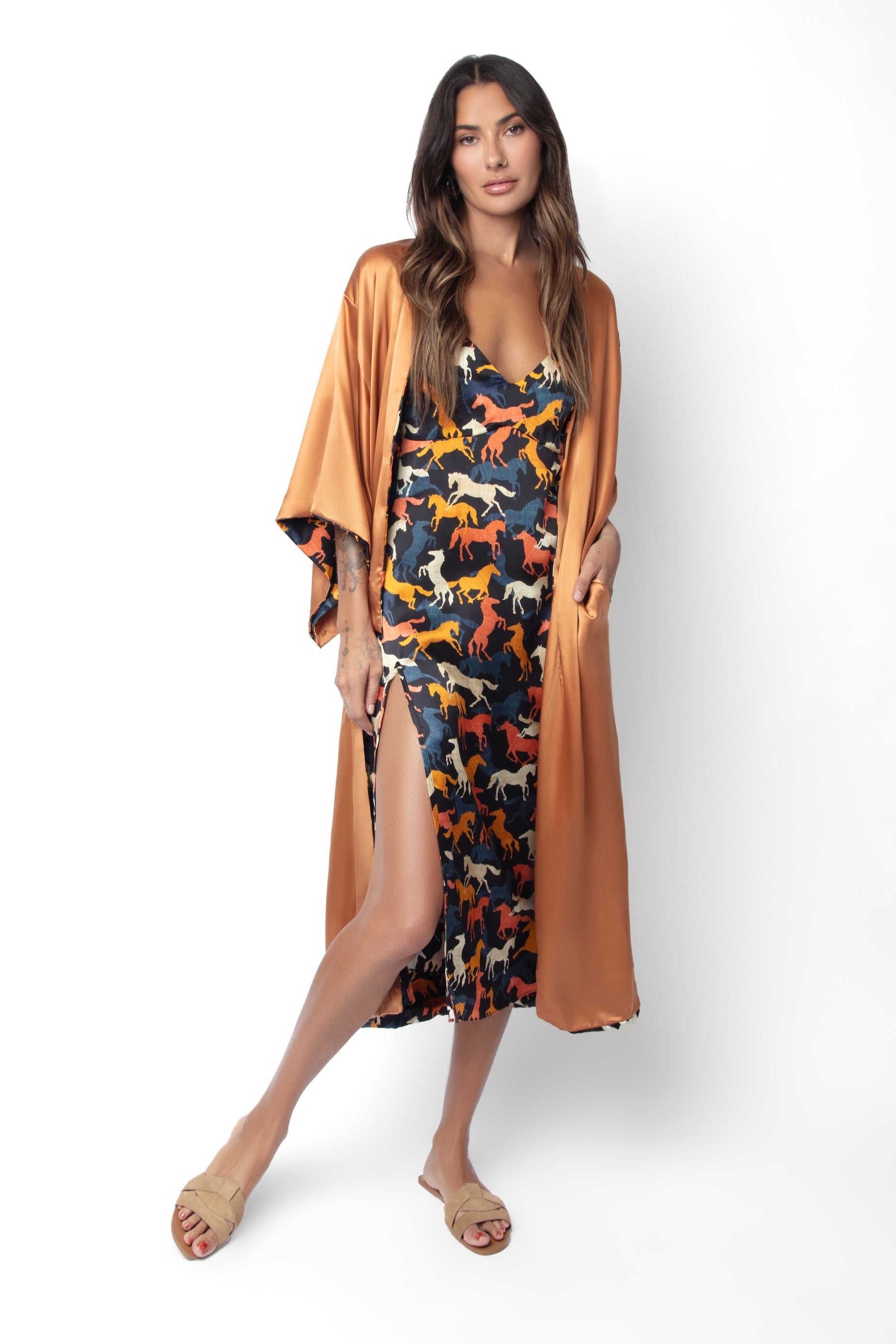 Tracy James Sally Reversible Kimono Wild Horses and Copper Silk Charmeuse One Size shown here worn over Byrdie Slip Dress
