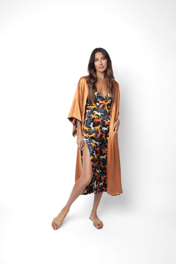 Tracy James Sally Reversible Kimono Wild Horses and Copper Silk Charmeuse One Size shown here worn over Byrdie Slip Dress