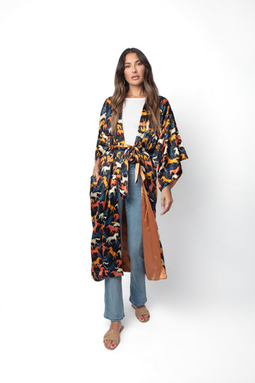 Tracy James Sally Reversible Kimono Wild Horses and Copper Silk Charmeuse One Size updated with belt worn over jeans and tee