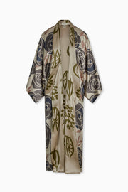 Sally Kimono Reversible Silk Charmeuse in Abstract Rose/Kelp with Belt and Pockets