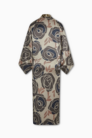 Sally Kimono Reversible Silk Charmeuse in Abstract Rose/Kelp with Belt and Pockets