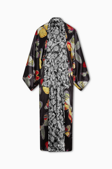 Sally Reversible Kimono in Silk Charmeuse with matching belt and pockets. Black jumbo butterflies reverses to black and white pincushion flowers. One Size Fits Most