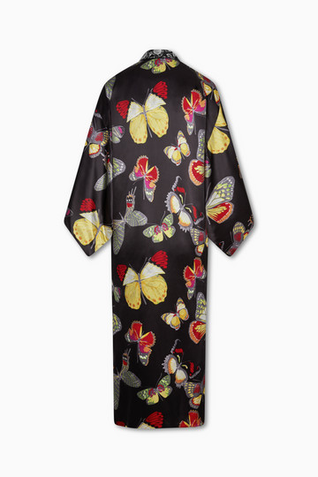 Sally Reversible Kimono in Silk Charmeuse with matching belt and pockets. Black jumbo butterflies reverses to black and white pincushion flowers. One Size Fits Most