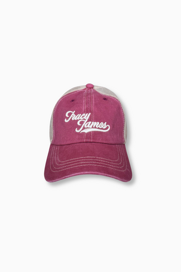 Tracy James Trucker Hat with Burgundy Cotton front and khaki mesh back, adjustable tab, 3D embroidery in new Sports logo