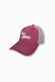 Tracy James Trucker Hat with Burgundy Cotton front and khaki mesh back, adjustable tab, 3D embroidery in new Sports logo