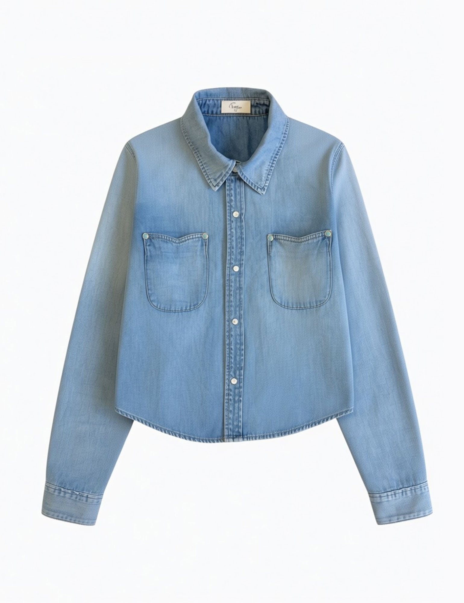 Sunday Denim Shirtigan in Light Blue with scalloped pockets snap buttons
