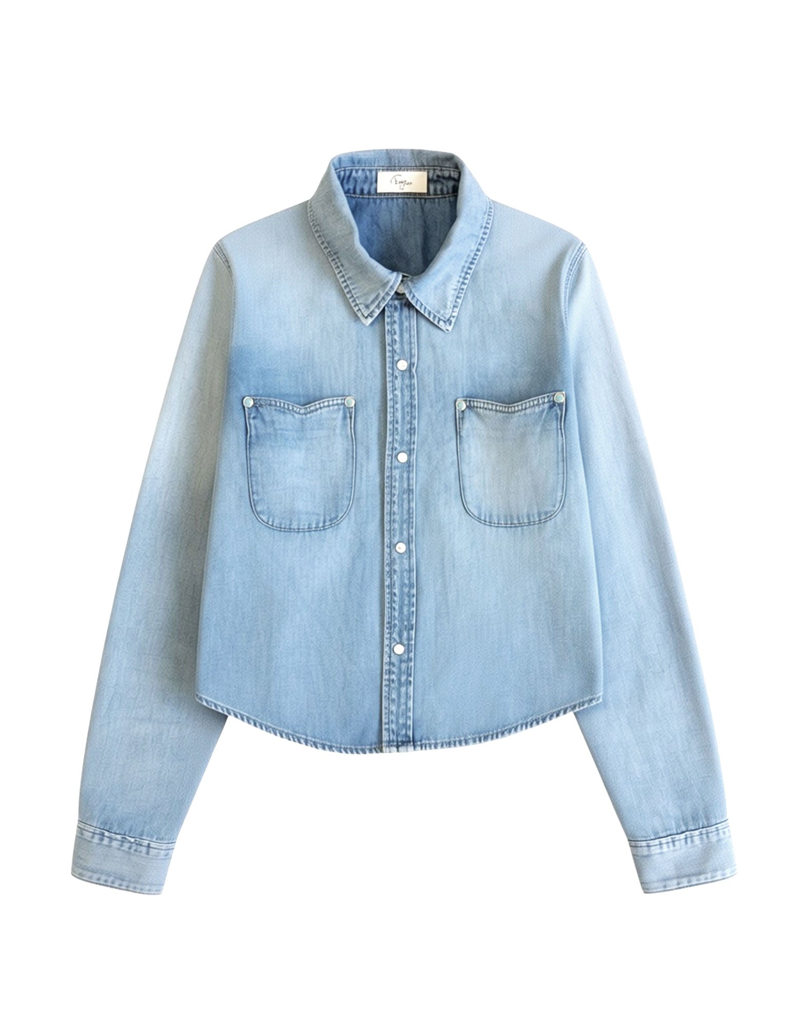 Sunday Denim Shirtigan in Light Blue with scalloped pockets snap buttons