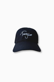 Tracy James Dad Hat in Black with white embroidery logo at crown. Montecito embroidery at back. Adjustable tab closure for perfect fit.