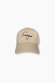 Tracy James Dad Hat in 100% Cotton Twill in khaki. TJ logo embroidered on front in black and Montecito embroidered at back. Adjustable fit.