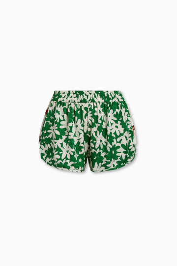 Vivi Shorts in Green Daisy Silk Crepe de Chine with Side Contrast in White Butterflies and side pockets 