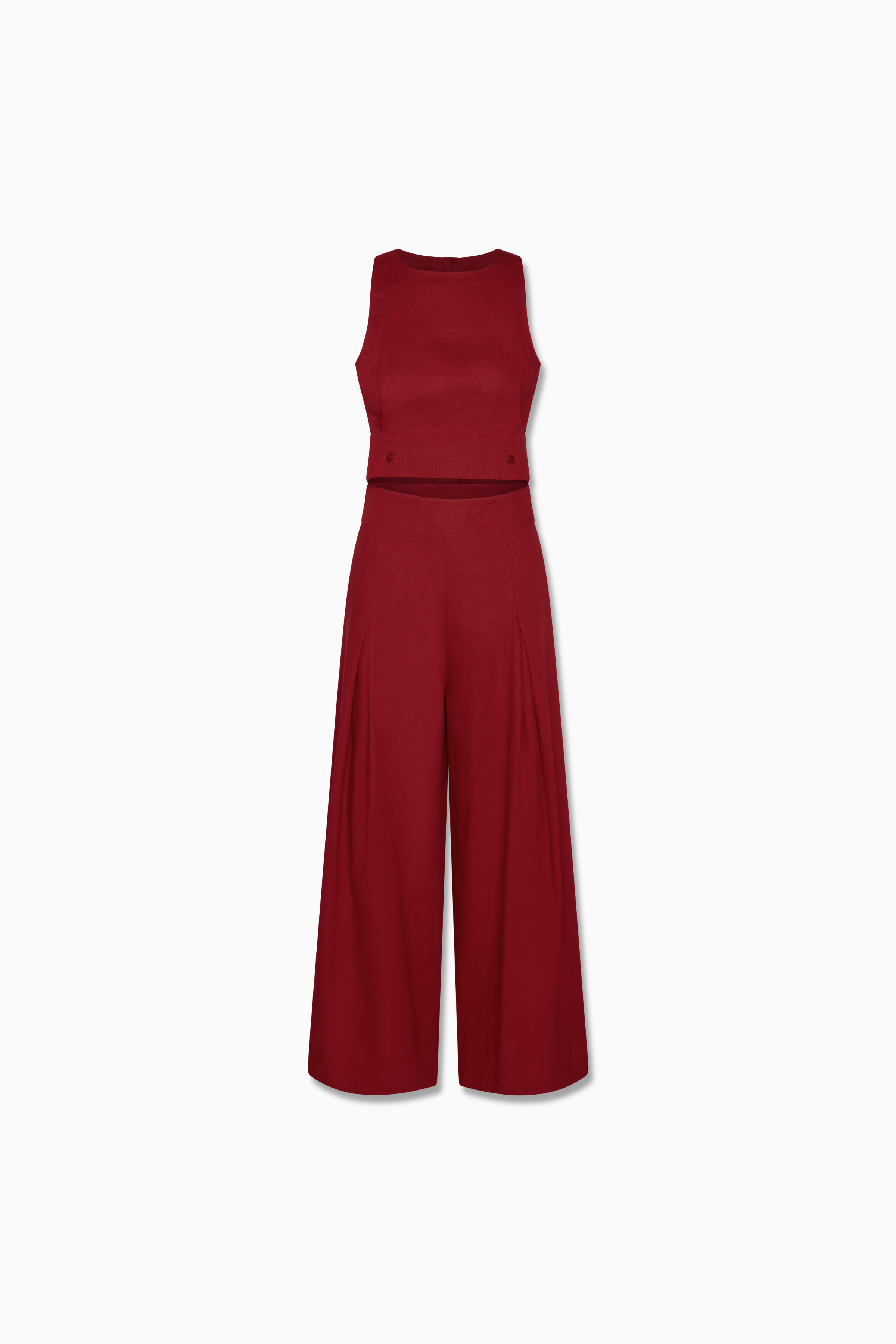 Maria Wide Leg Pants and Zoe Button Back Sleeveless Top Linen/Rayon in Cabernet