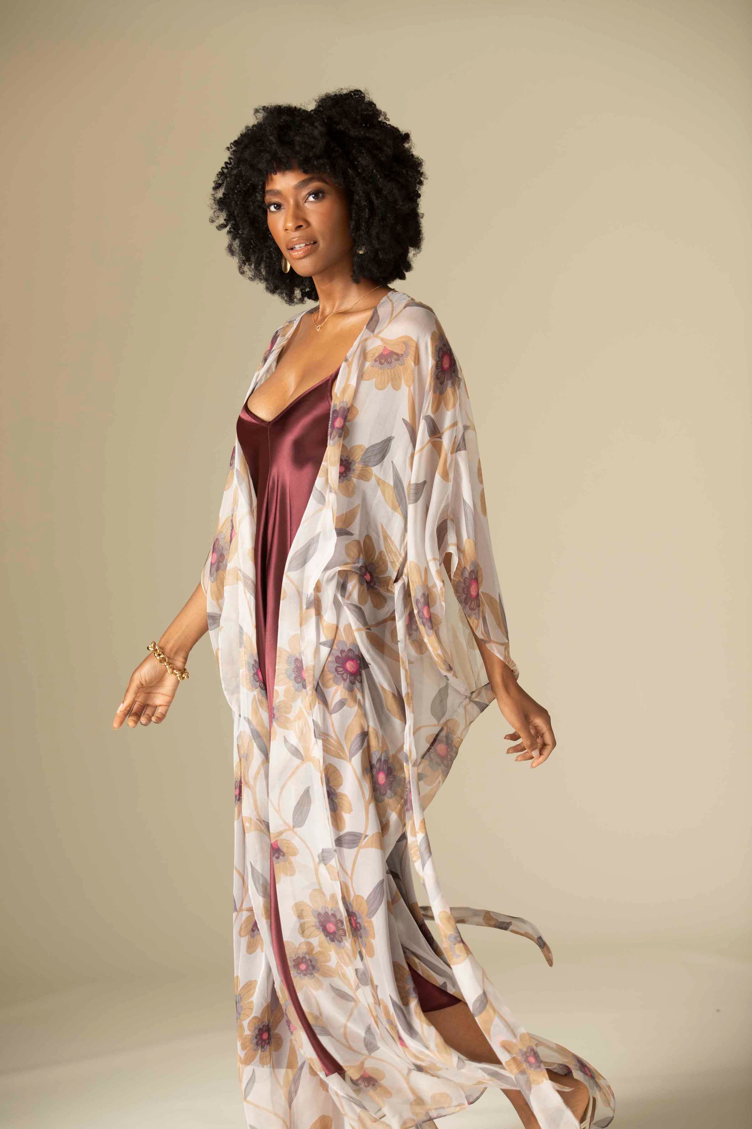 Rayni Duster with Belt in Desert Rose Silk Chiffon. Shown here with Savory Slip Dress in Burgundy