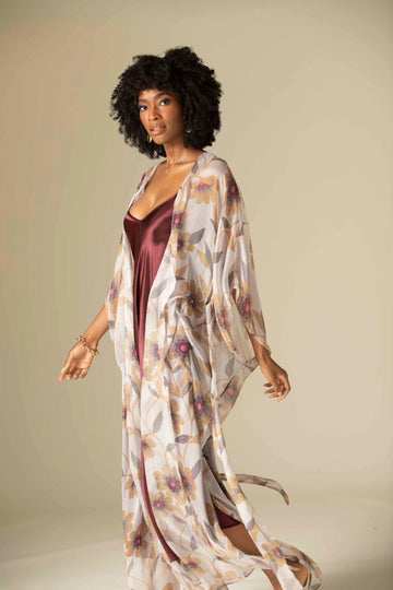 Rayni Duster with Belt in Desert Rose Silk Chiffon. Shown here with Savory Slip Dress in Burgundy