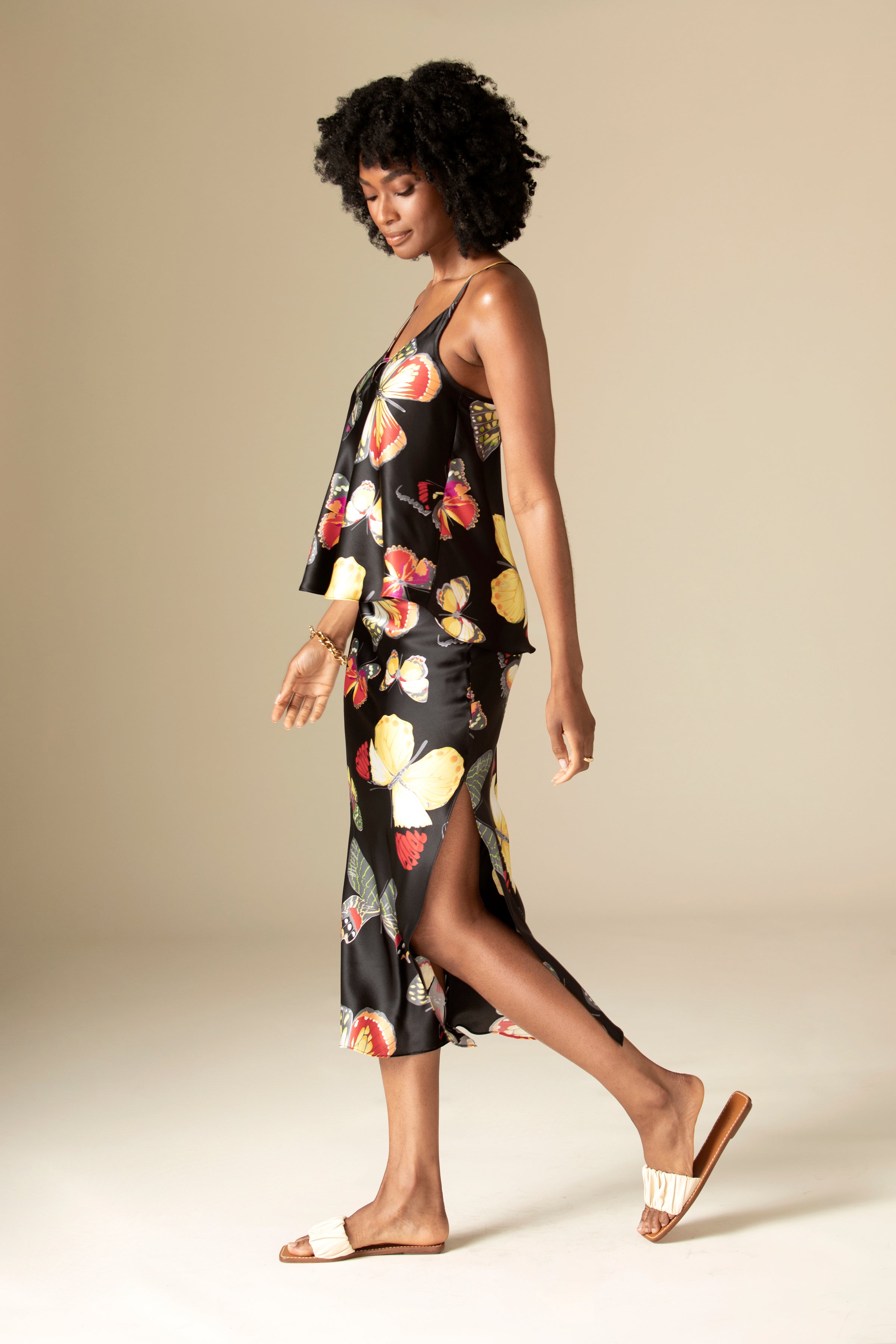 Tracy James Bias Cut Midi Silk Skirt in Black Butterflies