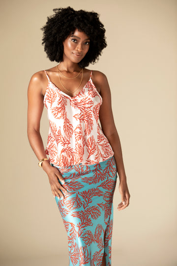 Jess Cami White Coral over Bella Skirt Turq Coral  Silk Charmeuse
