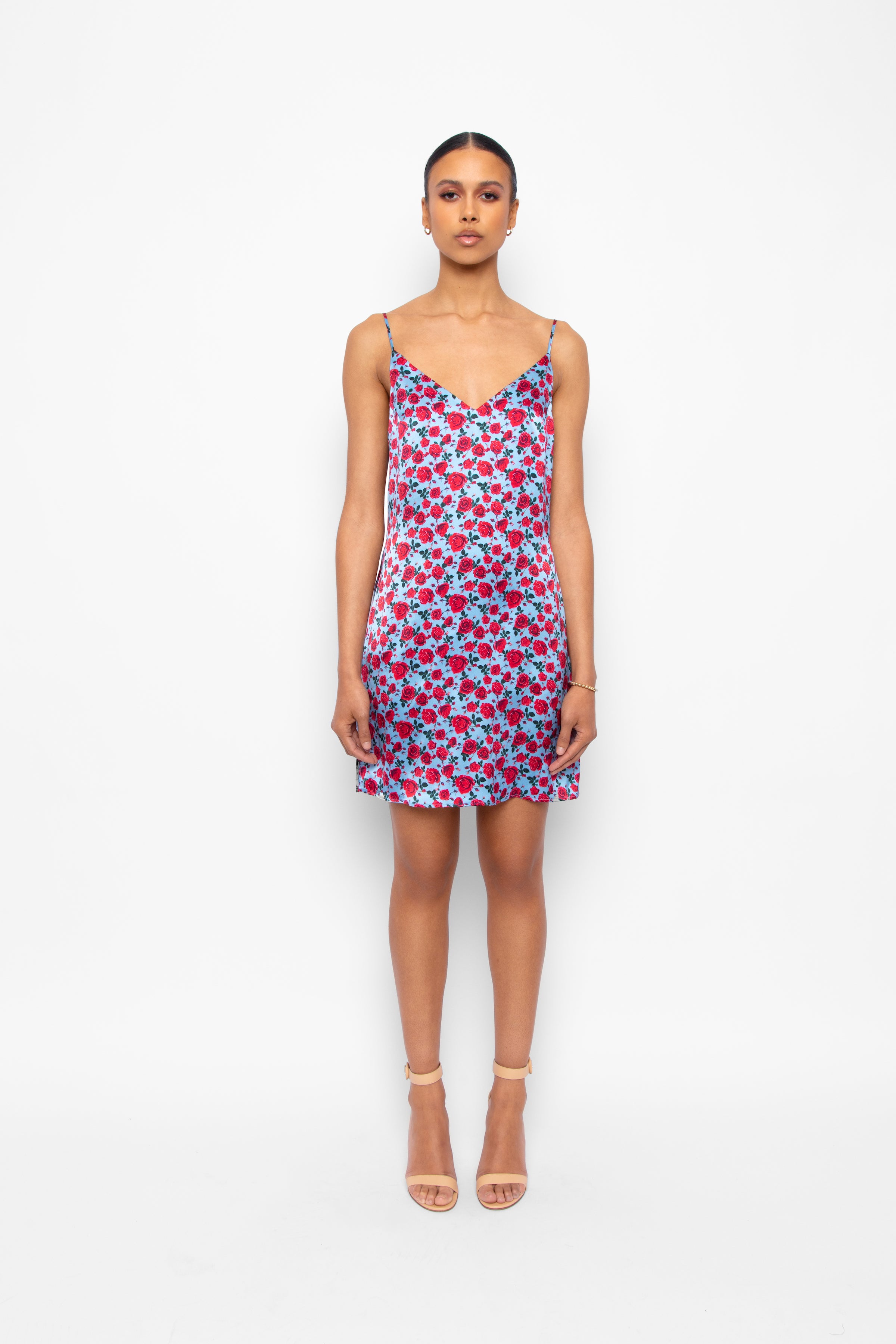 Mai Mini Dress in Red Roses Silk Charmeuse