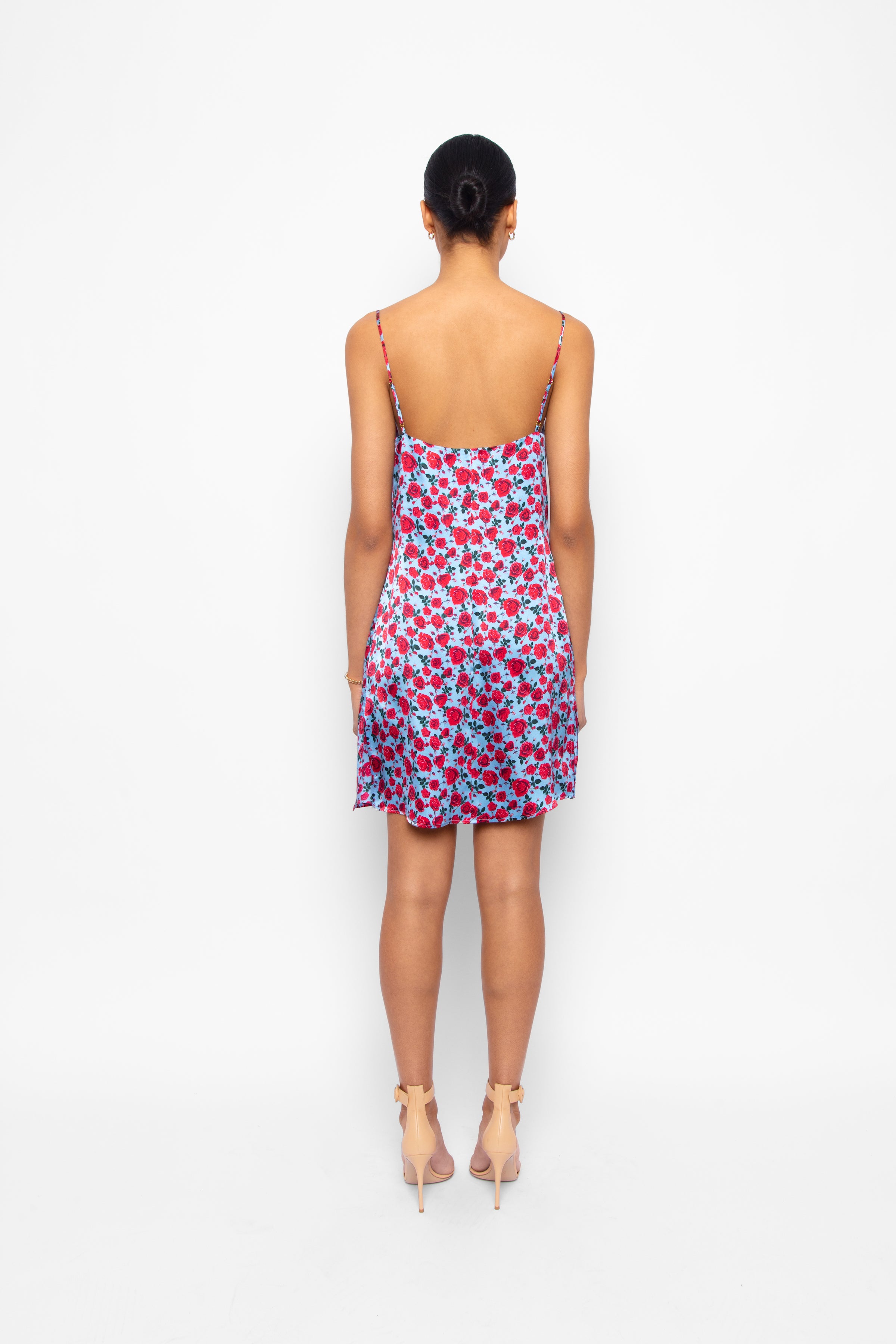 Mai Mini Dress in Red Roses Silk Charmeuse