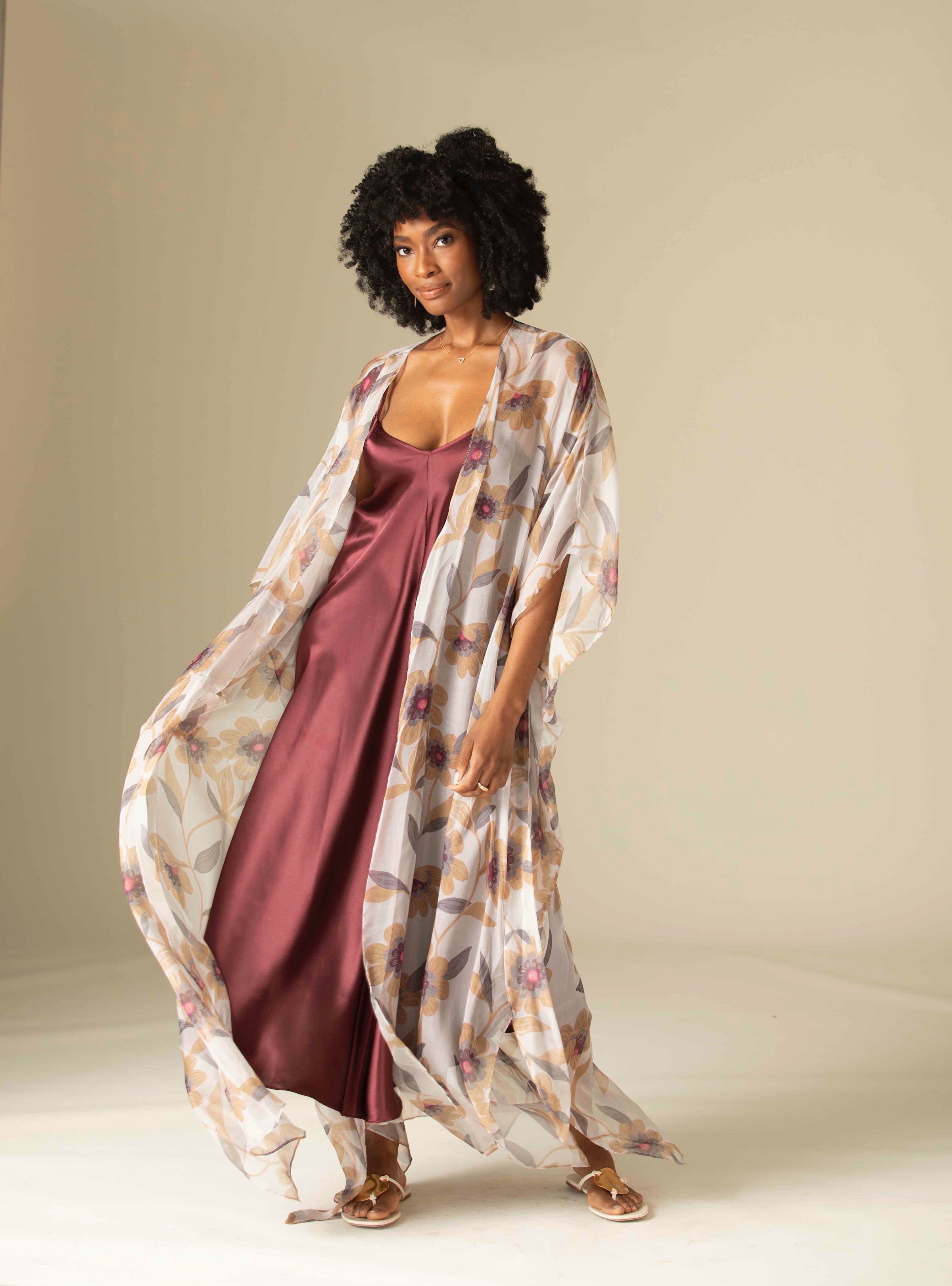 Rayni Duster with Belt in Desert Rose Silk Chiffon. Shown here with Savory Slip Dress in Burgundy