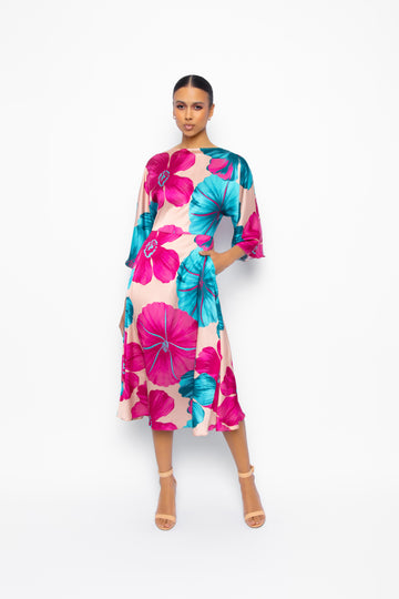Diana Midi Dress with Wide Sleeves in Pink Hibiscus 100% Satin Poly